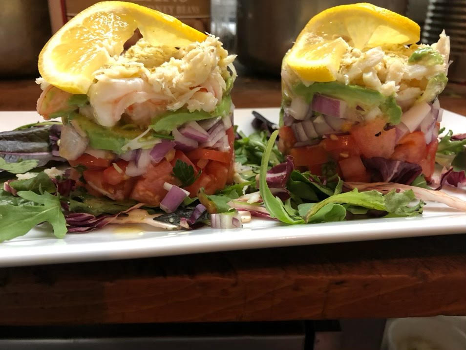 Crabmeat, Shrimp & Avocados tower.